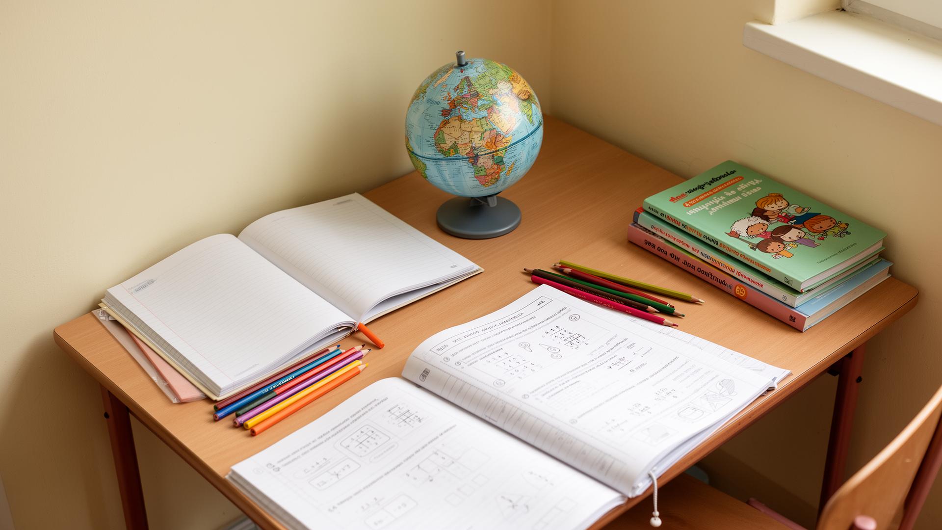 A primary-school desk with open notebooks, colored pencils, a globe and workbooks